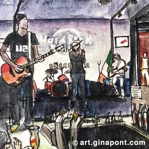 Watercolor drawing of Please 100% U2 live performance, Hard Rock Cafe Barcelona