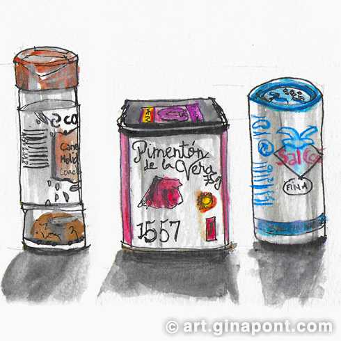 Culinary illustrations with watercolor and watercolor pencils: Spices & Condiments (Oregano, pepper, sesame, cumin, cinnamon, paprika and salt).
