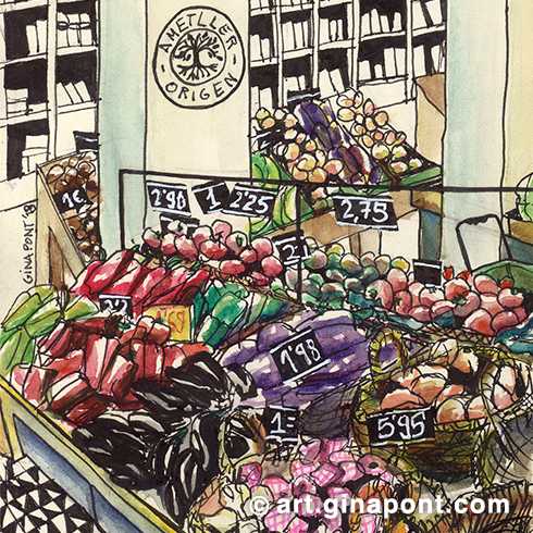 Watercolor drawing of the fruit and vegetables sold at Amteller Origen, a model that integrates agricultural production, processing and marketing under the same objective: to make a decisive contribution to improving people's nutrition and health.