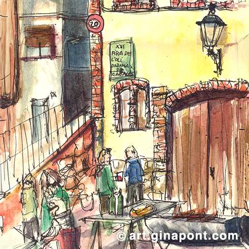 Urban watercolor sketch made during the XIII Fira de l'oli. The Fira de l'Oli de Cabacés is an annual event in Cabacés, Tarragona, Spain, that promotes local olive oil through tastings and cultural activities.
