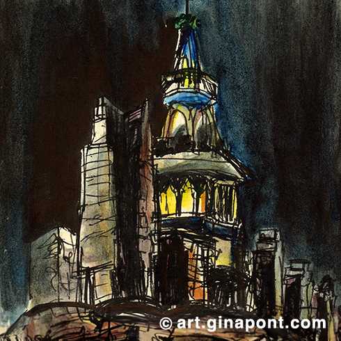 Urban sketch in watercolor of the CaixaForum facade. This drawing was made in the queue to enter the Toulouse-Lautrec exhibition.