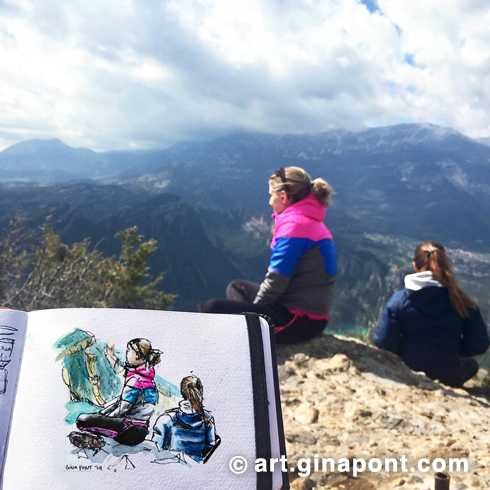 Sketch drawn live during an excursion through Solsona towards the Serra de Busa. I portrayed Judit and Alicia recovering energy before continuing.