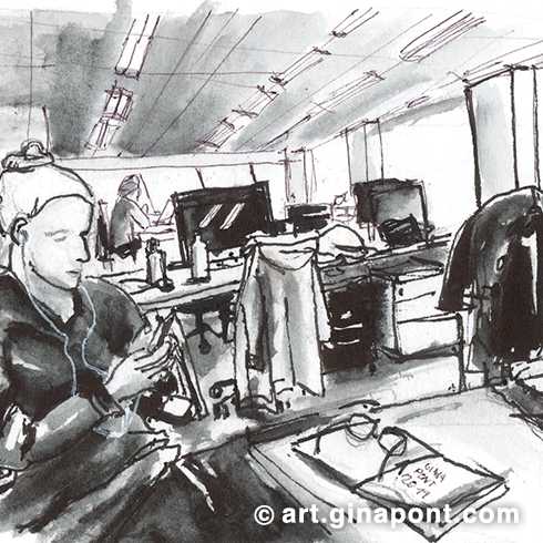 Monochrome sketch drawn on site in ink and watercolor. The drawing shows the views I had from my DDB work site during the midday break.
