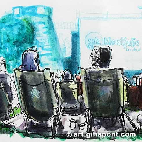 Urban sketch drawn while waiting for the beginning of the movie “Goodfellas” in one of the film cycles at Montjuïc.