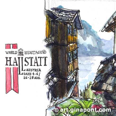 Ink and watercolor travelogue drawn during the fourth, fifth and sixth day from Salzburg to Hallstatt. The vignettes show the small village that is rumored to be the inspiration for the movie 