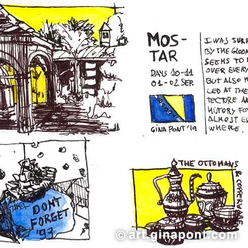 Travel sketchbook in ink and watercolor drawn during the tenth and eleventh day from Split to Mostar. The sketches in vignette form tell the story of over 400 years of practice jumping from the bridge into the Neretva River, even sponsored by Red Bull. As we strolled along, the jumpers did not stop practicing. We also see the remains of the recent war.