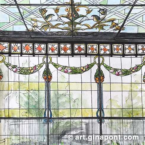 Urban sketch in ink and watercolor of the Casa Alegre de Sagrega, a model of bourgeois housing in eclectic modernist style. I liked the stained glass windows.