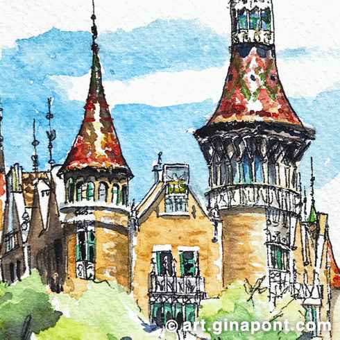 Watercolor urban sketch of Casa de les Punxes, an emblem of Catalan Art Nouveau, Barcelona.