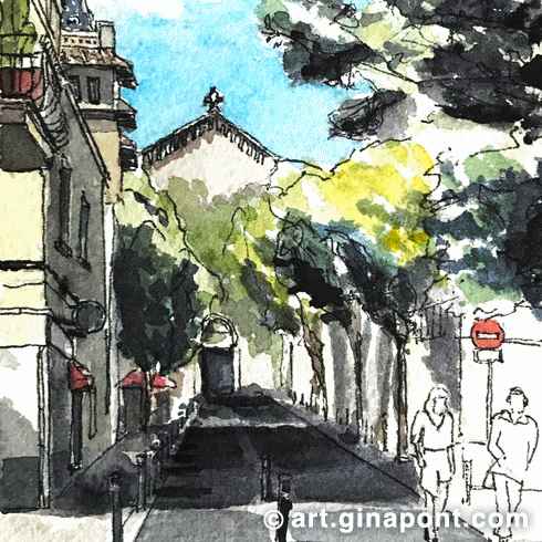 Watercolor and rotring sketch of Plaça Virreina, Gracia.