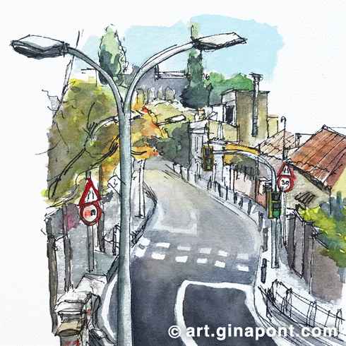 Drawing Barcelona Workshop: Watercolor and rotring sketch of a road near Peu del Funicular, Vallvidrera-Sarrià, Barcelona.