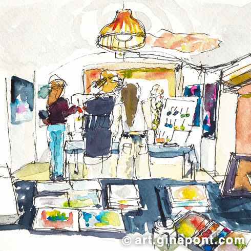 Watercolor Gina Pont's sketch of the multidisciplinary festival Por Amor al Arte, organized by Transforma BCN. It shows the exhibition of an artist.