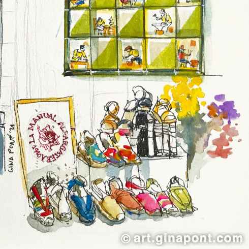 Gina Pont watercolor sketch of the facade of The Manual Alpargatera, a barcelona local business that unfortunatedly, due to the Covid 19 crisis, will have to demolish a part of the emblematic facade.
