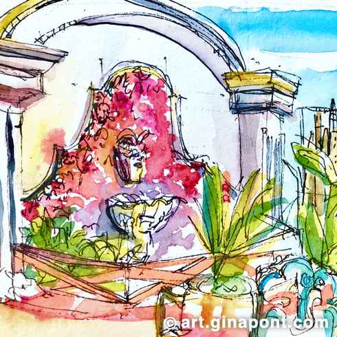 Gina Pont watercolor art print of the Sagrada Familia views from the rooftop of El Palace Hotel Barcelona.