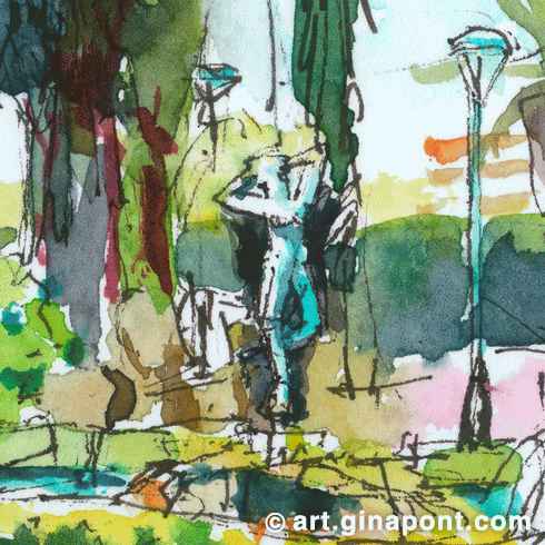Watercolor drawing of Vil·la Amèlia Gardens in Barcelona, during the Inky Fingers meetup. A small and slender Dryad, the protective nymph of woods, rises up from a small island in the middle of the pond, from Ricard Sala.