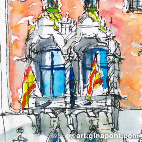 Watercolor and rotring sketch of Granollers town hall building in Porxada Square. It was drawn on the occasion of Granollers Dibuixa.
