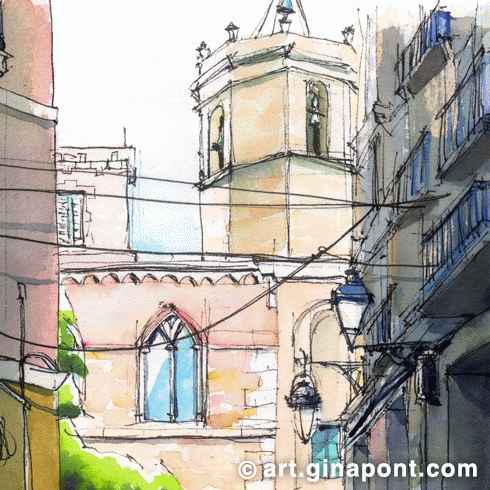 Sketching with Inky Fingers Barcelona: Watercolor sketch of the Benedictine monastery of Sant Pere de les Puelles from a narrow street of El Born.