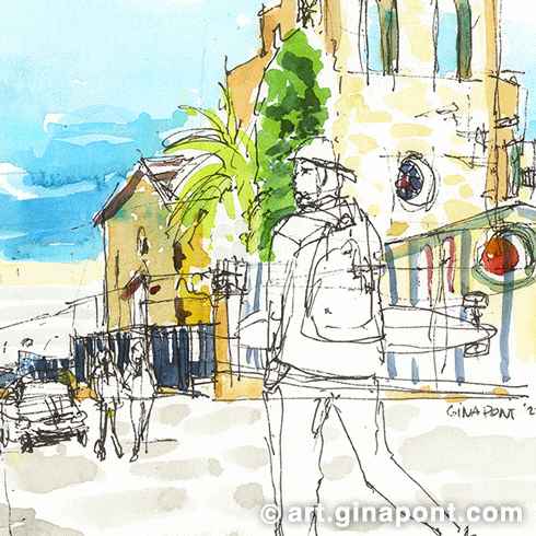 Drawing with Inky Fingers Barcelona: Watercolor sketch of Sant Pau del Camp, a church and former monastery in Barcelona in El Raval district. It shows the contrast between the monastery and the quotidian live of the barcelonians.