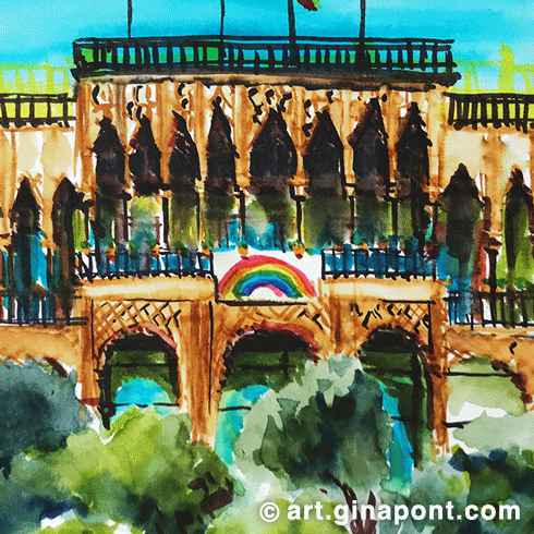 Drawing with Inky Fingers Barcelona: Testing watercolor markers Lyra Aqua Brush Duo on Strathmore mixed media paper. It shows Casa de les Altures in Baix Guinardó, Barcelona.