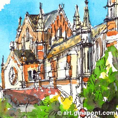 Gina Pont watercolor sketch of Sant Francesc de Sales Church, located on Passeig Sant Joan in Barcelona. It shows a barcelonian taxi on the background.