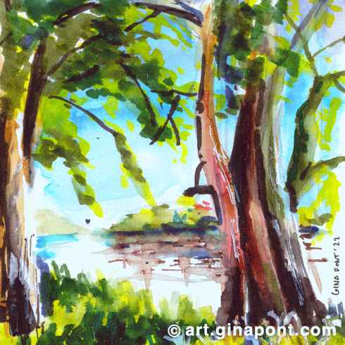 Testing watercolor markers Lyra Aqua Brush Duo on Strathmore mixed media paper. It shows a forest landscape.