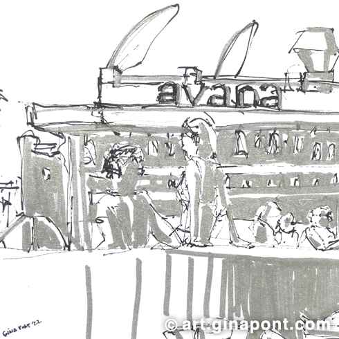 Gina Pont watercolor markers sketch of Lloret de Mar. It shows the rooftop of Hotel Flamingo, with its turquoise swimming pool.
