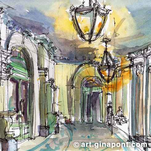 Gina Pont watercolor art print of Coliseum of Barcelona done with Inky Fingers. It was designed by Francesc de Paula Nebot, in an eclectic style closely related to the French Beaux Arts movement, and partially based upon the Opera Garnier in Paris.
