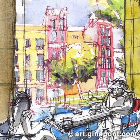 Gina Pont sketch done with new art supplies: an absorb canvas and watercolors of Phoenix Arts. I tested in a pub located in el Raval.