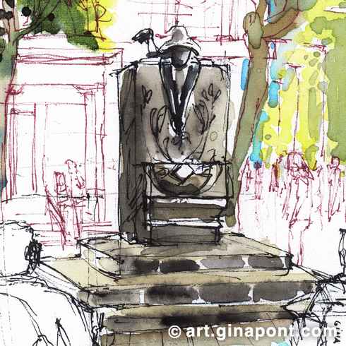 Gina Pont watercolor art print of Font de la Granota done with Inky Fingers. It was designed by Josep Campeny on the Diagonal in 1912.