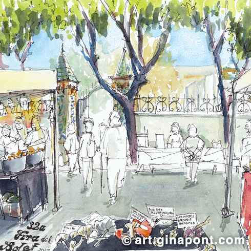 Gina Pont watercolor art print of La Fira del Bolet, a traditional mushroom and gastronomic event in Vilassar de Dalt village. I done it in the morning meeting with Dibuixem Maresme.