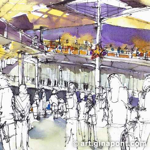 Drawing Barcelona with watercolor Phoenix arts and rotring UNI-Ball Air Micro. It is a sketch of Els encants market, a traditional second-hand market.