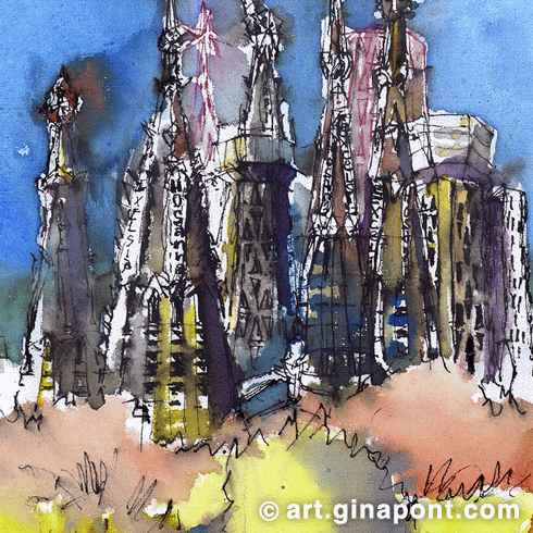 Watercolor illustration of Sagrada Familia at night. The towers of Gaudi's basilica are represented.