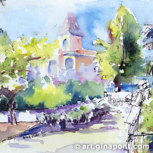 Barcelona postcard: Testing watercolors of Phoenix arts on canvas absorb pad. I illustrated the Mestre Balcells Gardens, with a curious palm tree in the middle of Gracia.