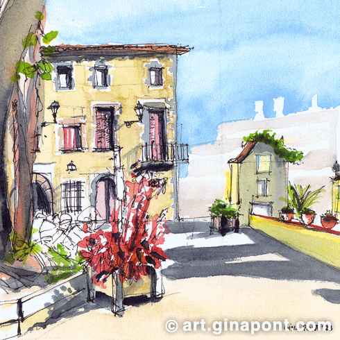 Gina Pont watercolor art print of Can Conde done in the morning meeting with Dibuixem Maresme. It shows the entrance of the old farmhouse and a fountain located in Cabrera de Mar.