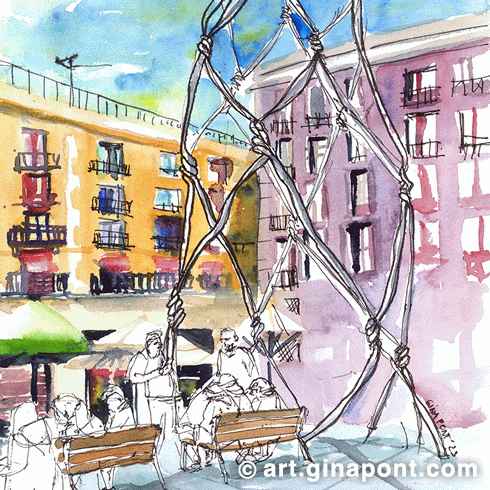 Gina Pont watercolor illustration on cotton canvas pad of Sant Miquel square in the Gothic Quarter, with the high monument 'Human Tower' by Antoni Llena.