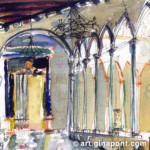 Gina Pont ink and watercolor illustration of 'Pati dels Tarongers' in the Gothic courtyard of Palau de la Generalitat de Catalunya, Barcelona.