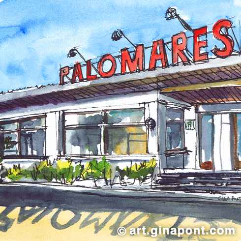 Gina Pont watercolor art print of Palomares facade before the closure after 53 years of service, due to the coast law in Vilassar de Mar, Maresme.