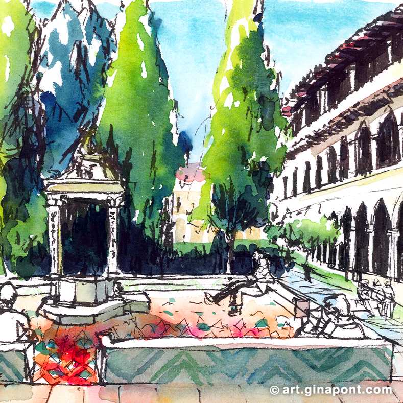 Watercolor illustration by Gina Pont of the Monastery of Santa Maria de Pedralbes. The drawing shows its gothic architectural style with its white stones (petras albas), used to build the complex.