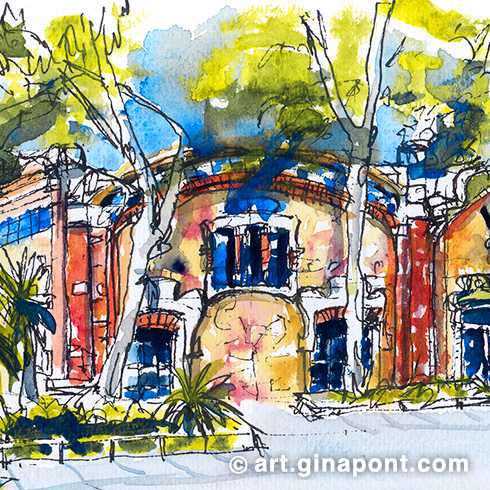 Watercolor illustration of Zamora street, which is below Pallars in the form of a bridge. The drawing represents the industrial buildings of Baldomero Rovira.