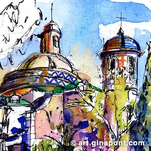 Watercolor illustration of the Ciutadella church, built as the church of the old Ciutadella fortress between 1717 and 1729.