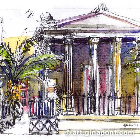 Watercolor illustration made by Gina Pont from Taller Masriera. The drawing shows a neoclassical building in Barcelona. Built in 1882, it was one of the first buildings of the Eixample.