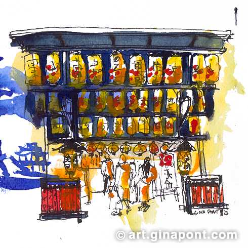 Watercolor illustration by Gina Pont of the Nishiki Tenmangu Shrine in Kyoto. It is a drawing made with the colors red, blue, yellow and with red letters reflecting the Asian architecture. Also shows the drawing of a landscape with a bonsai made only with blue ink.