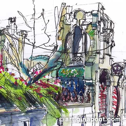 Watercolor illustration by Gina Pont of the Tosquella House in the neighborhood of Putxet, Barcelona. The drawing shows the modernist facade which is considered a Historic Monument and Cultural Asset of National Interest.