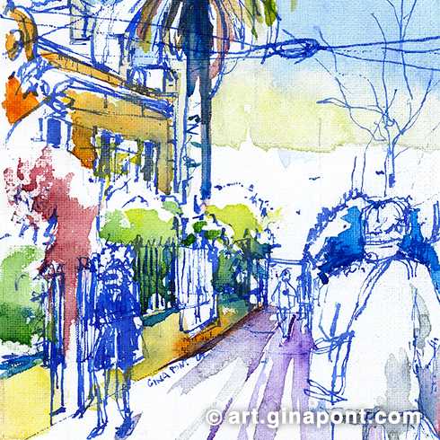 Watercolor illustration by Gina Pont of Sant Felip Passage, a charming alley in Sant Gervasi. You can see houses with small gardens with plants and a tall palm tree.