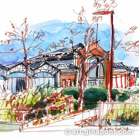 Urban watercolor sketch of the rear facade of the Mercat del Ninot. The drawing, made by Gina Pont, shows the noucentista style with 19th century iron architecture of the municipal market.
