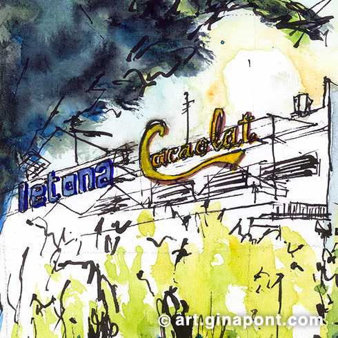 Urban sketch in watercolor of the facade of the old Cacaolat factory, a Catalan brand of cocoa milkshakes. The drawing intends to immortalize it before being transformed into a block of apartments.
