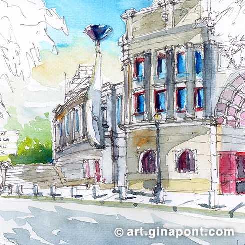 Watercolor and rotring sketch of the facade of the Olympic Stadium. On the occasion of the 1992 Olympic Games, the stadium was almost entirely rebuilt.
