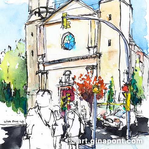 Watercolor and ink sketch of the San Vicente de Sarriá church. The drawing is made from the Plaza Mayor.