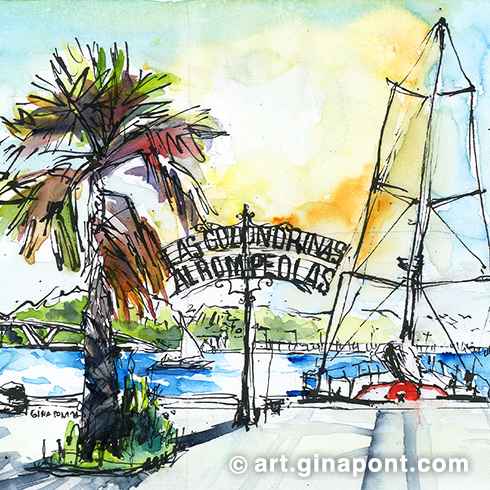 Watercolor and ink sketch of a privileged view of the port of Barcelona. The watercolors are intended to capture the contrast of the sun against the backlight of the ships. As a curiosity, the letters of 