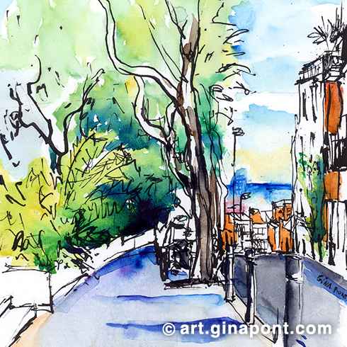 Urban sketch drawn in situ in ink and watercolor on the Absorb Canvas Pad. Drawn from the exit of the Mercè Rodoreda gardens, it shows in the background the sea with the Hotel Vela.
