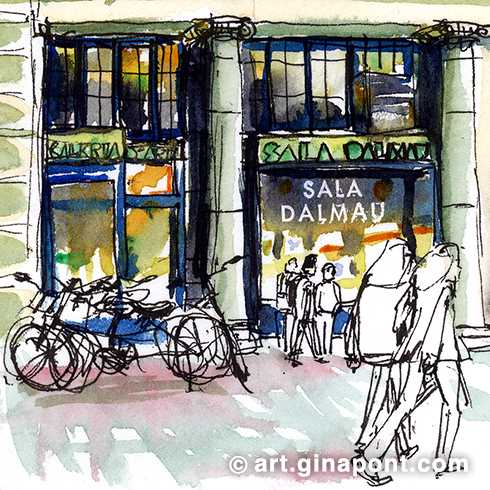 Urban sketch in watercolor to immortalize the Sala Dalmau, mythical art gallery that closes its doors after 45 years of service. The owner, seeing that the sketchers were drawing her place, invited us for a coffee. I felt so loved!